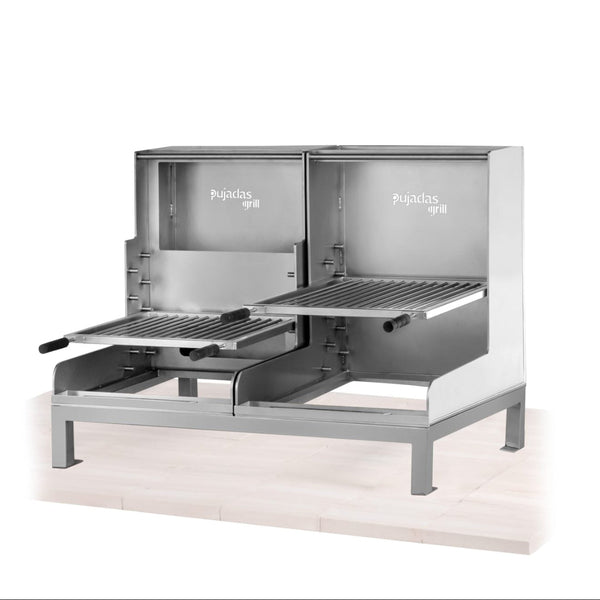 Pujadas pultos nyitott faszenes grill Lite ezüstmetál kivitelben, refrakter alap nélkül; dupla nyitott grill 5 rácsszinttel