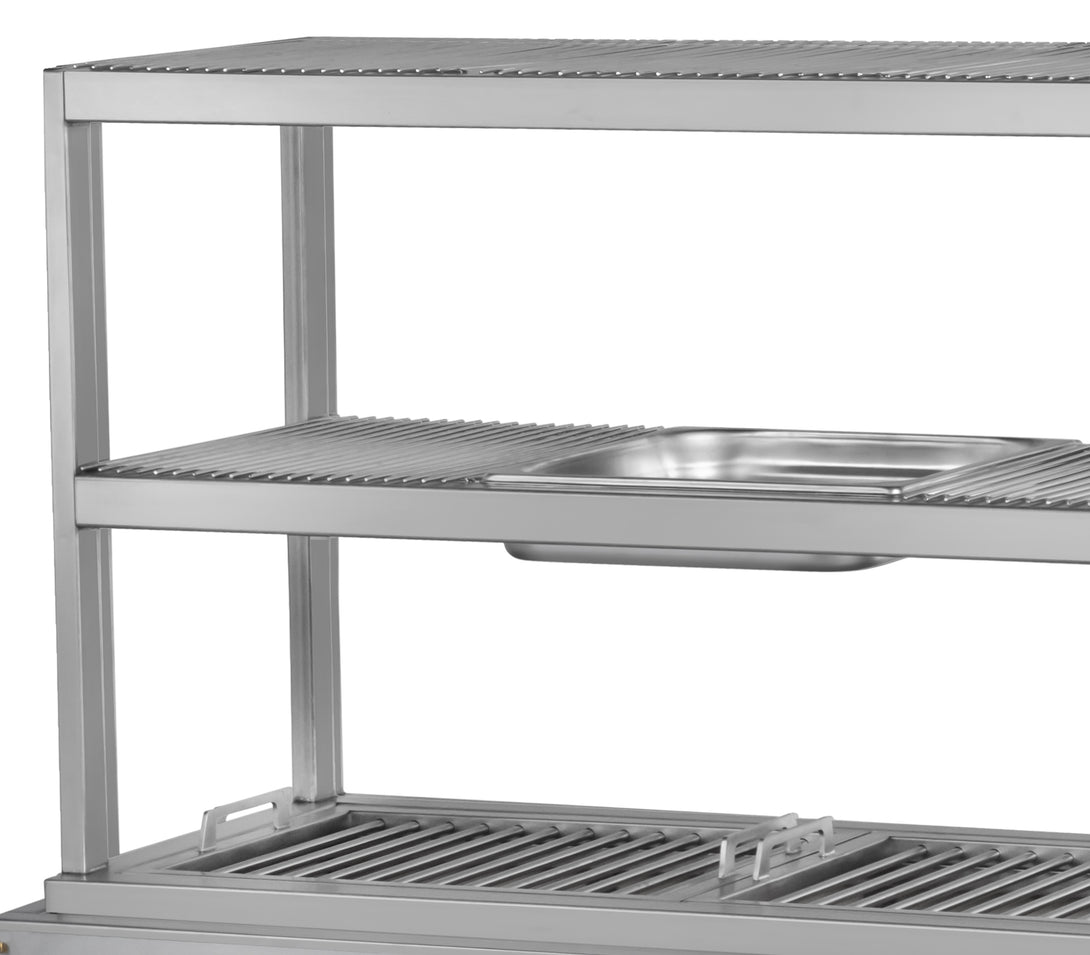 Kivehető 65 mm GN 2/3 edény a középső szinten, pálcás rácsokkal – Pujadas pultos robata grill