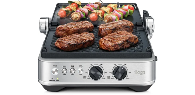 Sage The BBQ & Press Grill Elektromos Kontakt Grill SGR700BSS sík grillező felületté alakítva, több alapanyag egyidejű készítéséhez.