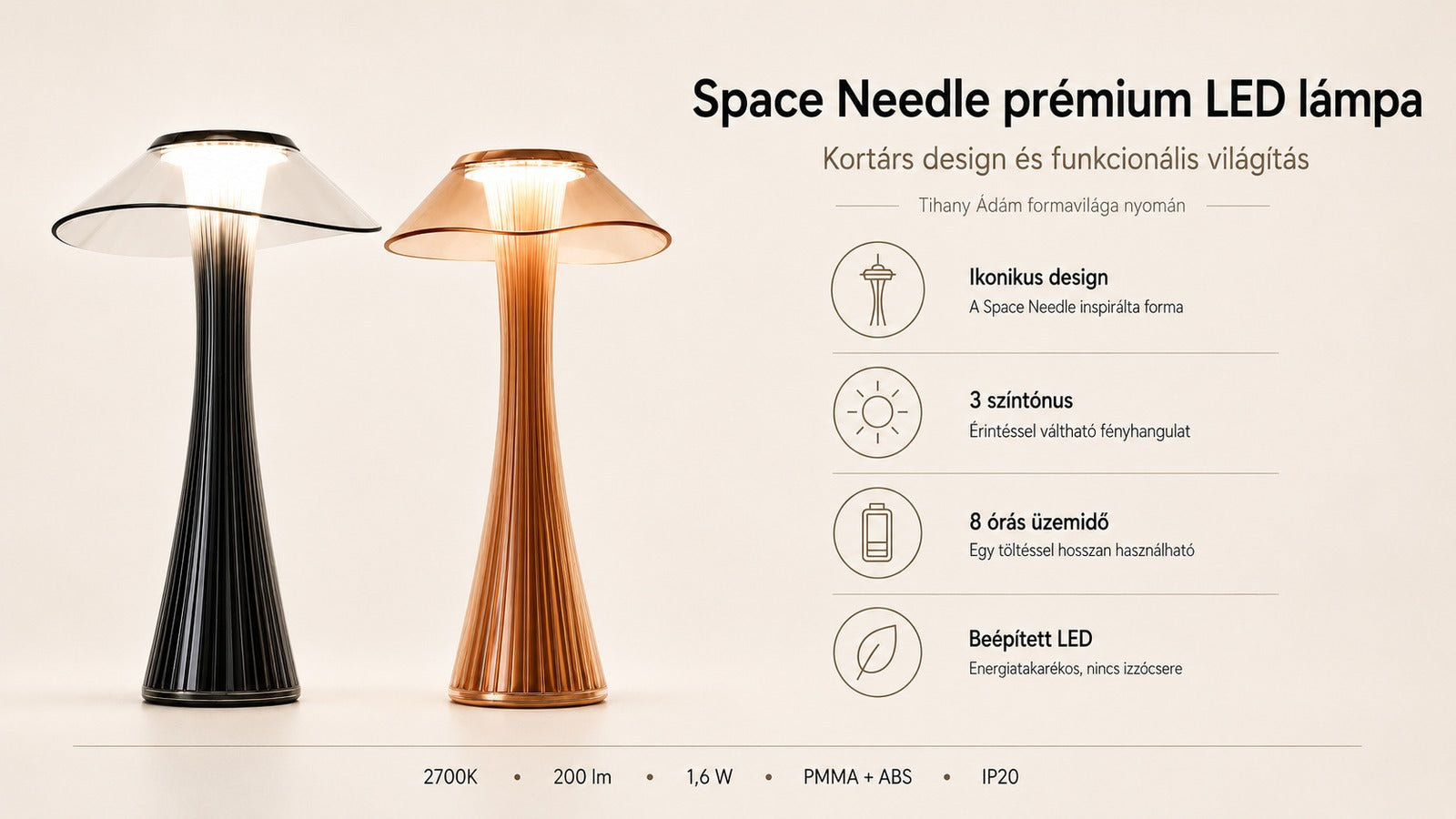 Space Needle LED asztali lámpa főbb jellemzők infografika