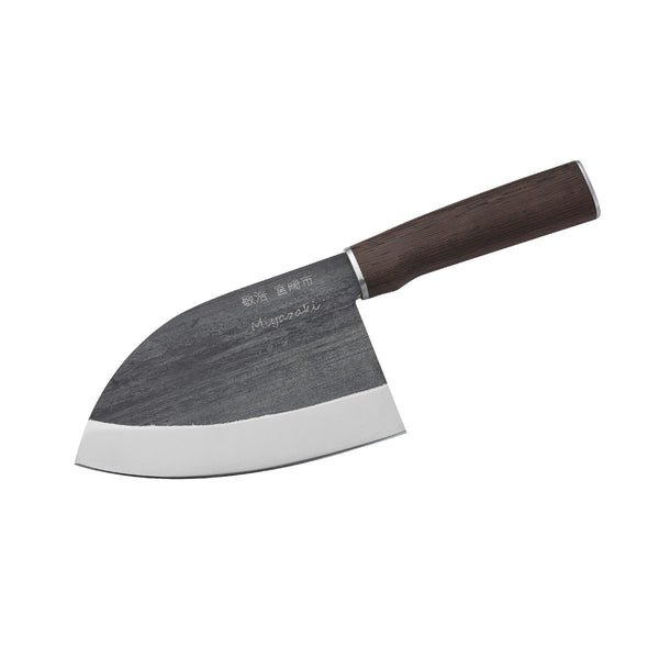 Takahiro Miyazaki Okii bárd, kovácsolt szerszámacél penge 3,8 mm vastagsággal, természetes fa markolattal, fő nézet.