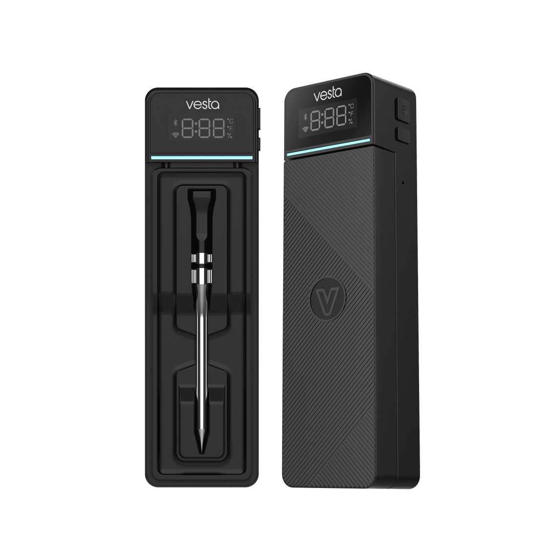 Vestemp BP20 szett: szonda a dokkolóban és külön a dokkoló, kijelzőn ikonokkal, prémium BBQ és sütő hőmérő.